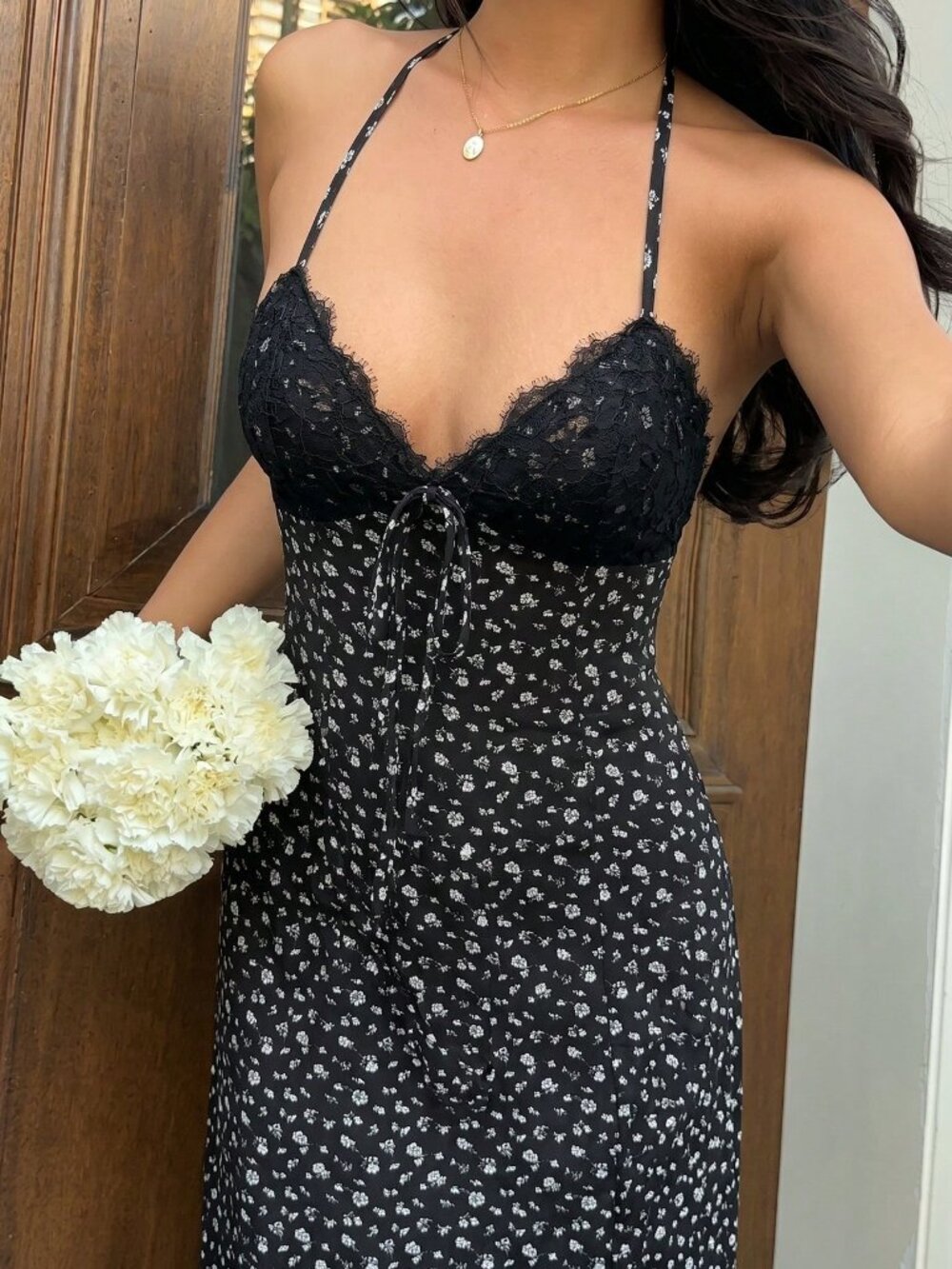 Black Boho Women's Long Floral Dress With Lace Trim - Picture 7 of 8